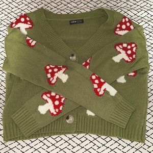 V neck long sleeve Green Mushroom Pattern cardigan from SHEIN